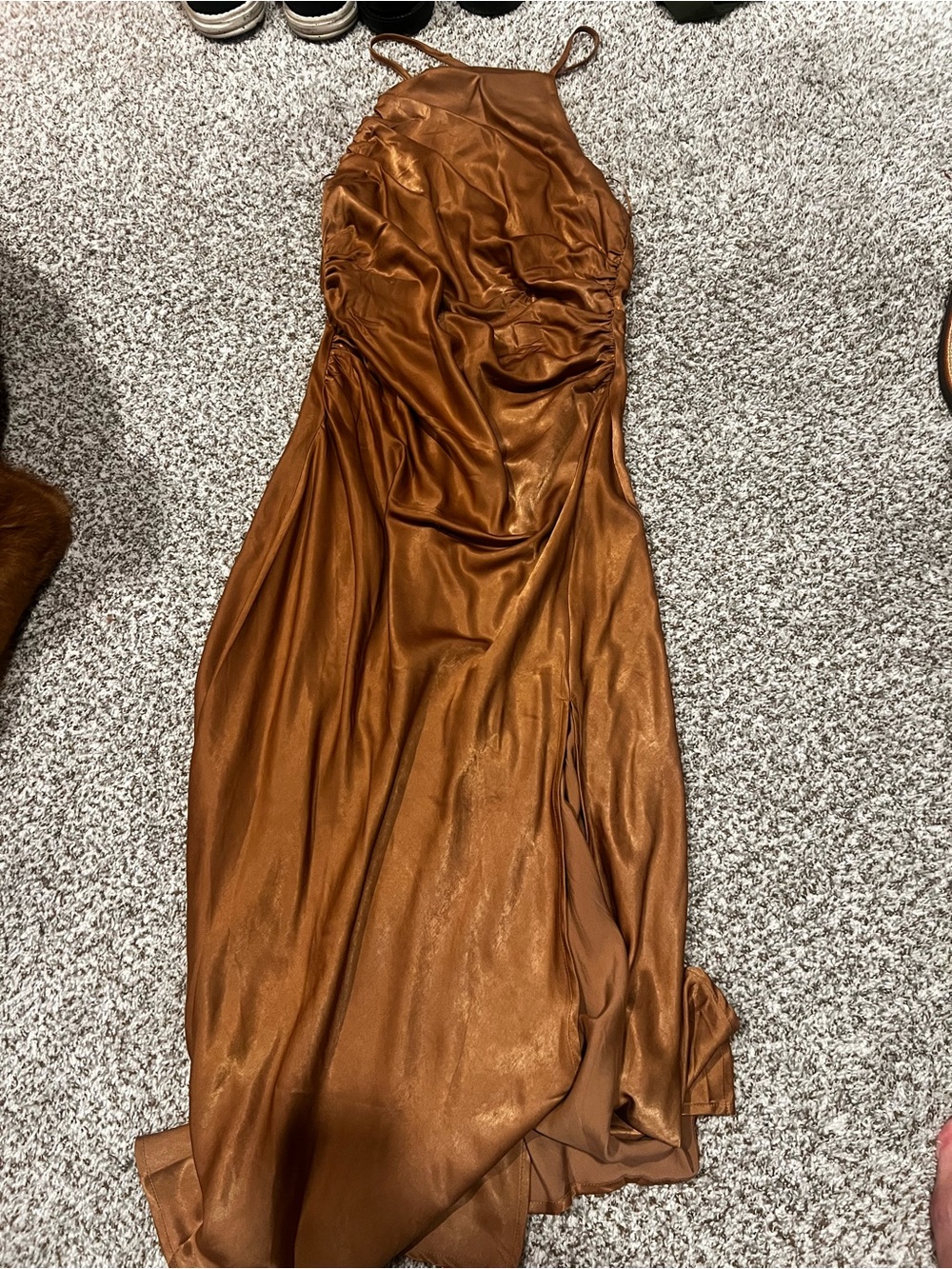 Le Lis Copper Satin Halter Maxi Dress